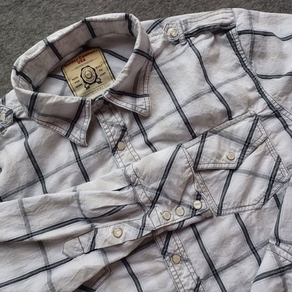 Supply Company USA Shirt Mens Western Lg White Plaid Long Sleeve Pearl Snap Up